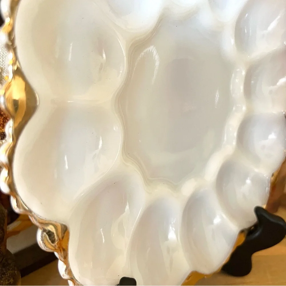 Vintage Anchor Hocking Milk Glass Deviled Egg Divided Plate with Gold Rim 1950s